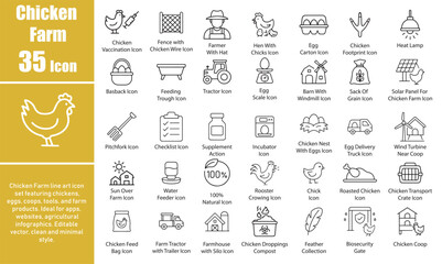 Chicken Farm Icons, Line Art Vector Set