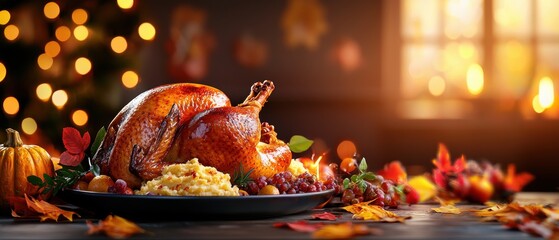 Festive Thanksgiving feast with roasted turkey and sides