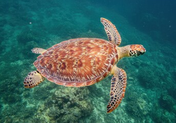 Fototapeta premium A stunning green sea turtle gracefully swims through clear blue ocean waters, its shell patterned with warm hues