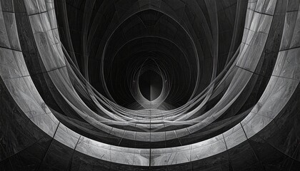 Fototapeta premium Monochromatic abstract tunnel with curved panels, creating deep geometric flow.