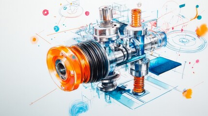 Technical Sketch Engine Design, Machine, Blueprint