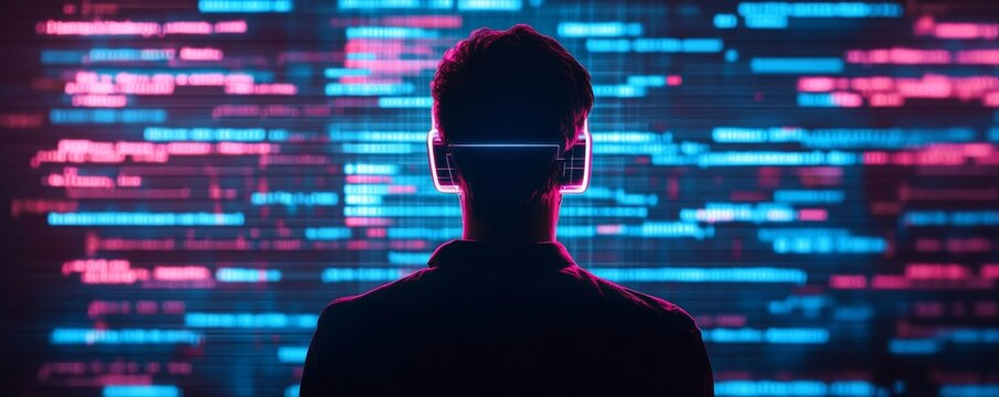VR Gamer Neon Code World, Metaverse ,Coding