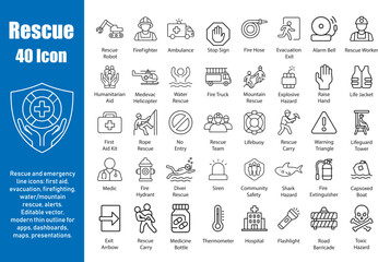 Rescue Icons: 40 Emergency Thin Line Vector Illustrations.