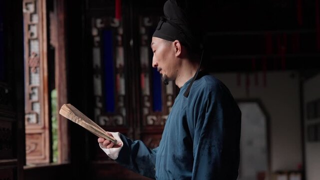 A traditional Chinese scholar in ancient attire reads a scroll inside a classical interior setting