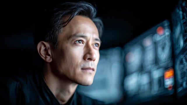 Asian Man Analyzes Data Concentrating