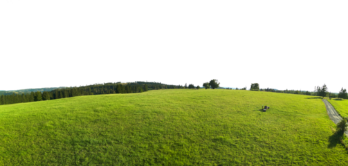 green grass field and hill panorama landscape with sky isolated