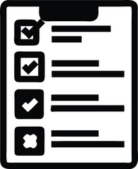Black Clipboard Checklist with Tick and Cross Marks Icon on White Background