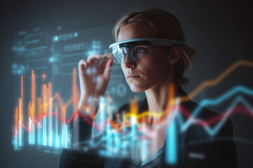 Businesswoman wearing smart glasses interacts with digital data visualization, analyzing graphs and statistics in a modern technology environment
