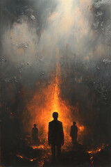 a dramatic artistic scene with three silhouettes of people standing against a background of fire and smoke. 