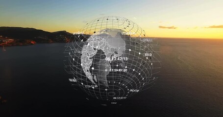 Drone filming sunset coastline, initiating globe rising rotating continents displaying coordinates - Powered by Adobe