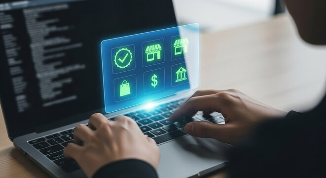 E commerce Transactions on Laptop with Virtual Interface Online Shopping Banking Retail Finance Payment Security Digital