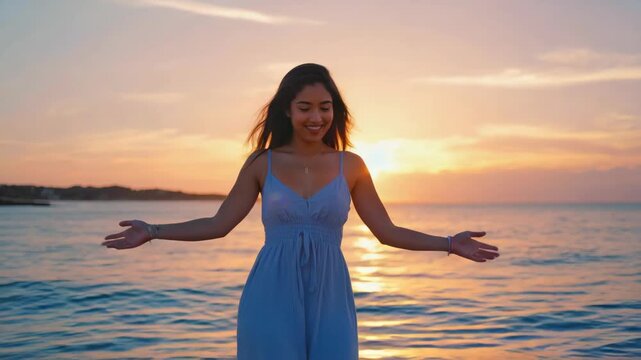 A woman posing joyfully at sunset with her arms outstretched.