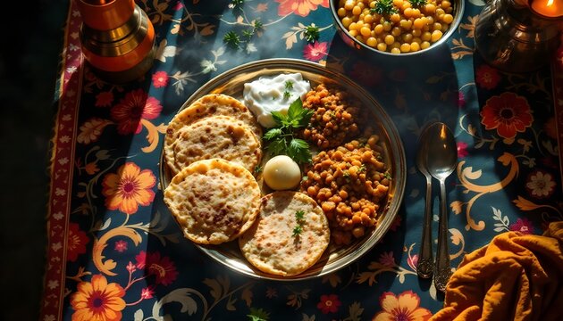 Overhead shot of a brass plate filled with luchi, cholar dal, aloo dum, and payesh, arranged on a vibrant, hand-painted tablecloth during a sunny afternoon in a Bengali household