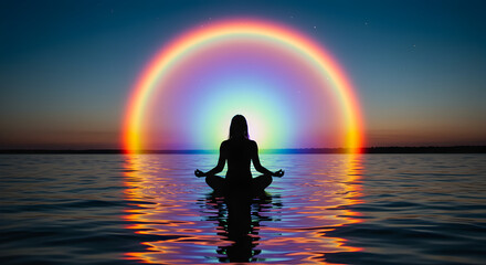 Silhouette Meditating on Water with Vibrant Rainbow Aura at Sunset