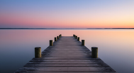 Fototapeta premium Tranquil wooden pier over calm lake at sunset or sunrise, with pastel sky reflections