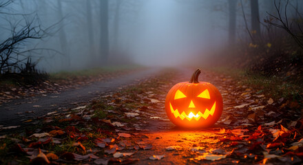 "Glowing Jack‑o'‑Lantern on Leaf‑Strewn Path with Warm Bokeh Lights — Cozy Moody Halloween Evening"