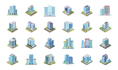 Public and Government Building Icons Set – Bank, Hospital, School, University, Courthouse, Police Station, Office Building, Airport, Stadium, Theater, Modern Business Tower, Government Institution, Fi