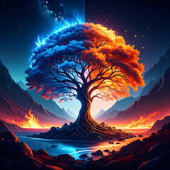 Dual color tree in a mountainous landscape