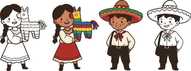 Cute Mexican Girl Holding Piñata with Boy in Traditional Clothing. Mexican Independence Day