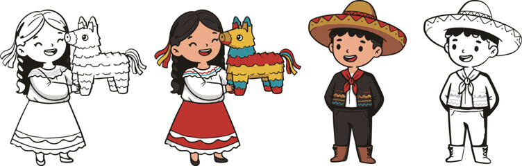 Cute Mexican Girl Holding Pinata with Boy in Traditional Clothing. Mexican Independence Day