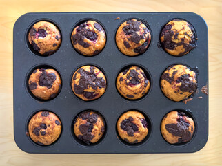Freshly baked chocolate chip and berry muffins in baking tray
