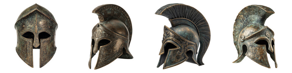 Ancient Greek bronze warrior helmets collection on transparent background