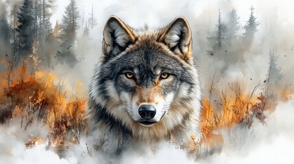 Wolf portrait in misty forest