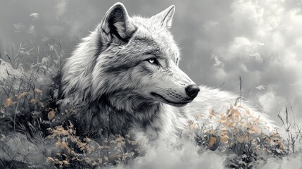 Gray wolf in a misty landscape
