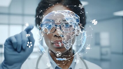 Focused Female Doctor Interacting with Global Hologram in Bright Office - Powered by Adobe