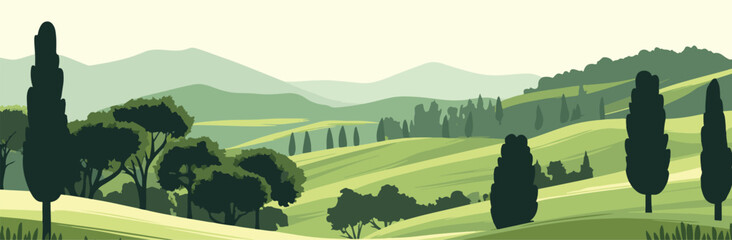 vector illustration of a landscape banner. mountains covered with plant greenery and tree silhouettes