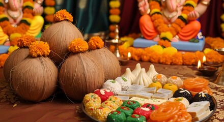 Festive Indian religious offering featuring sweets, coconuts, flowers, and a deity statue.