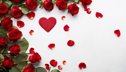 Top view of red roses and hearts for holidays