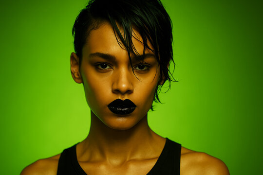 Portrait of androgynous person with wet hair and glossy black lips against vivid green background, bold fashion editorial style and dramatic look