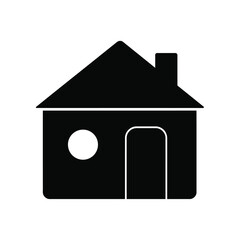 Simple black silhouette of a house with a chimney window and door on a white background