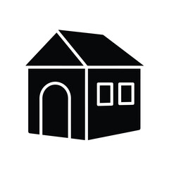 Simple black silhouette of a house with a gable roof arched doorway and rectangular windows