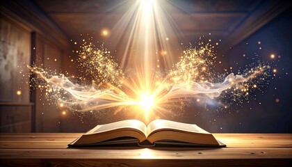 Open ancient book glowing with magical light, emanating mystical energy.