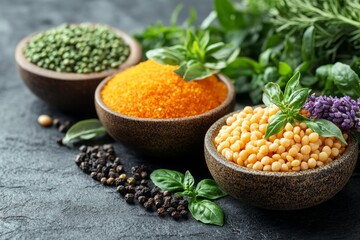 Wooden bowls filled with colorful spices and herbs arranged on dark stone surface with basil rosemary peppercorns representing culinary cooking ingredients