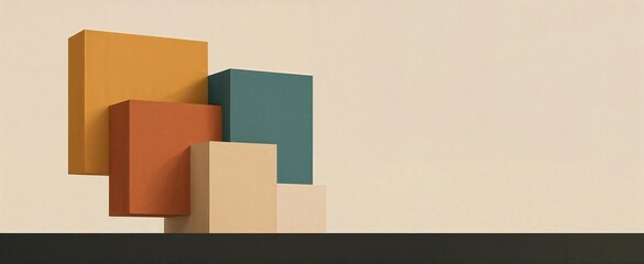 Retro conceptual background with overlapping geometric blocks in teal orange yellow and beige minimal mid century abstract style