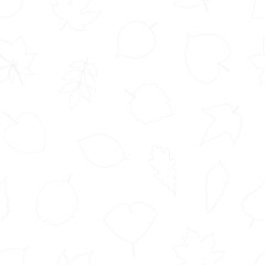 Seamless pattern with gray outline leaves on white background - leaf of maple, linden, aspen, ginkgo, and others. Print for textile, package, and coloring book. Vector illustration, line art style