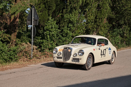 Vintage Lancia Aurelia B20 GT 2500 berlinetta Pinin Farina (1954) in historical classic car race Mille Miglia, on June 20, 2025 in Predappio, FC, Italy