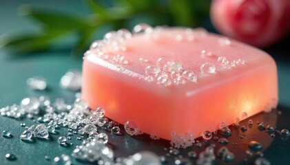 Close-up of a luxurious bar of soap with gentle bubbles, creating a relaxing spa-like atmosphere  Perfect for aromatherapy, self-care, and wellness concepts ,  scented,  shower