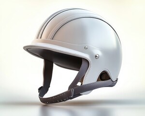Close-up of a sleek modern white motorcycle helmet with black chin strap and detailed stitching against a soft blurred background