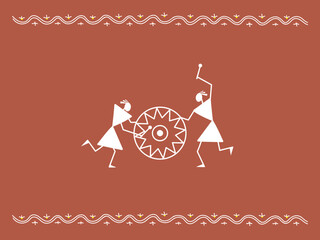 Two drummers beat the drum. Stylized drawing in the style of traditional Indian ornament.