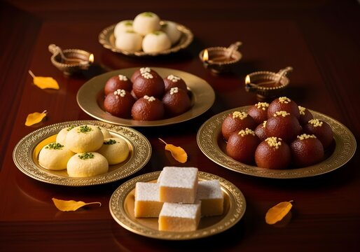 Rich display of sweets like gulab jamun, rasmalai, and sandesh in festive plates
