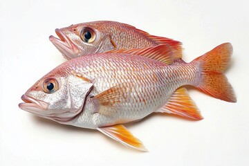 Two fresh whole fish with orange fins and scales lying side by side on a white background