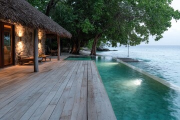 Fototapeta premium Romantic Dinner by the Pool with Tropical Fruits and Seafood