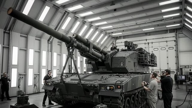 High tech vehicle test chamber showcases howitzer turret rotation and elevation process