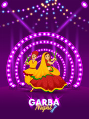 Happy Navratri Indian Festival celebration Banner Poster or flyer design, Character design, Couple vector  illustration dancing with dandiya. 