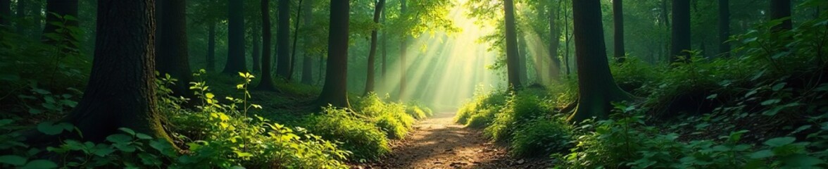 A winding forest path disappears into the dense woods, sunlight dappling the leaves overhead A sense of mystery and adventure pervades the scene, inviting exploration , image, natural, wilderness