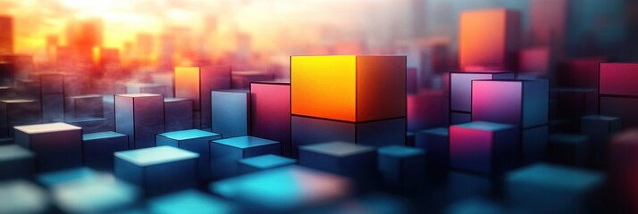 Abstract cityscape with glowing colorful cubes towering over smaller cubes under a warm sunset sky evoking futuristic urban ambiance